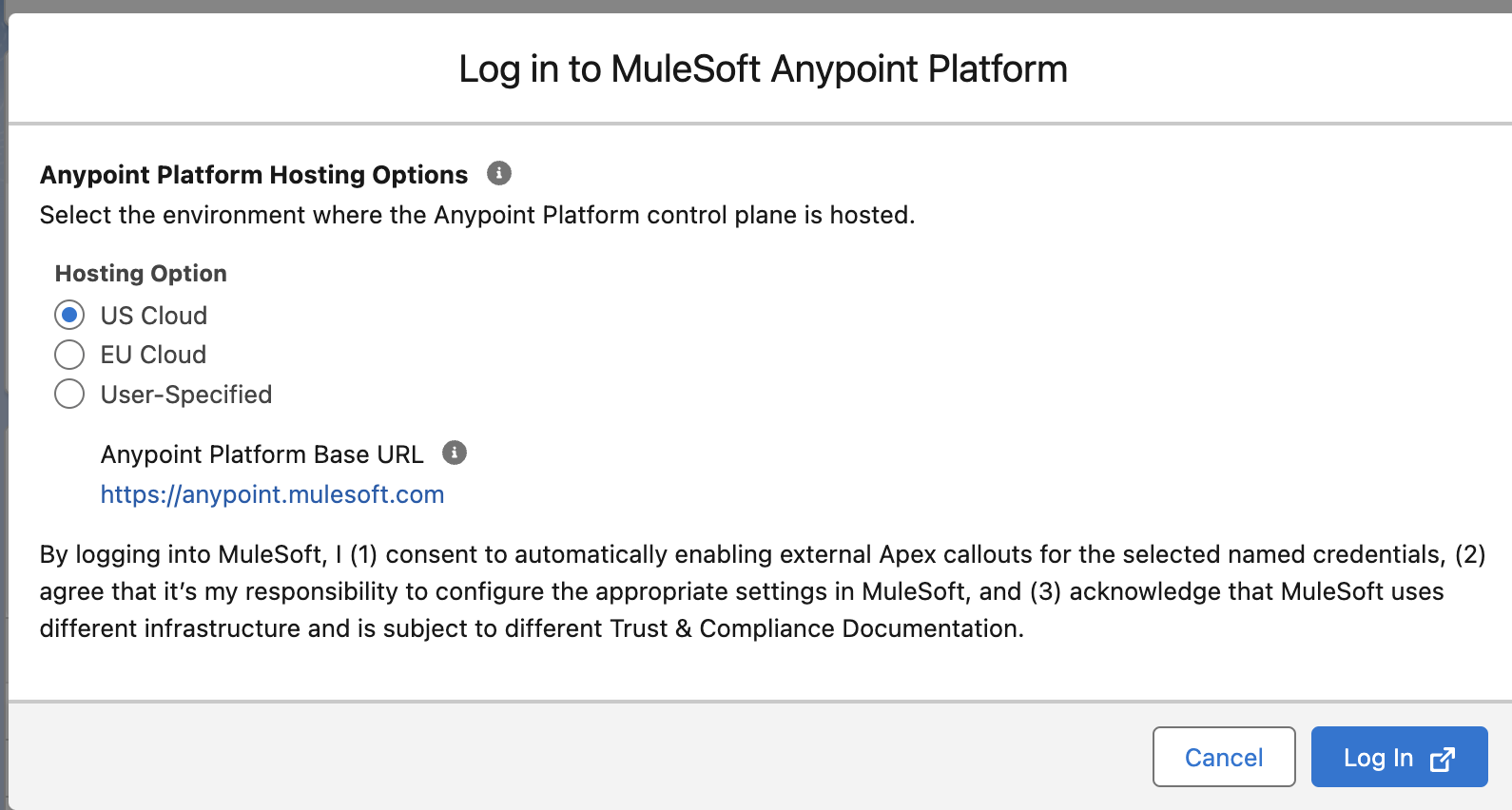 module g  login in into ms anypoint platform modal